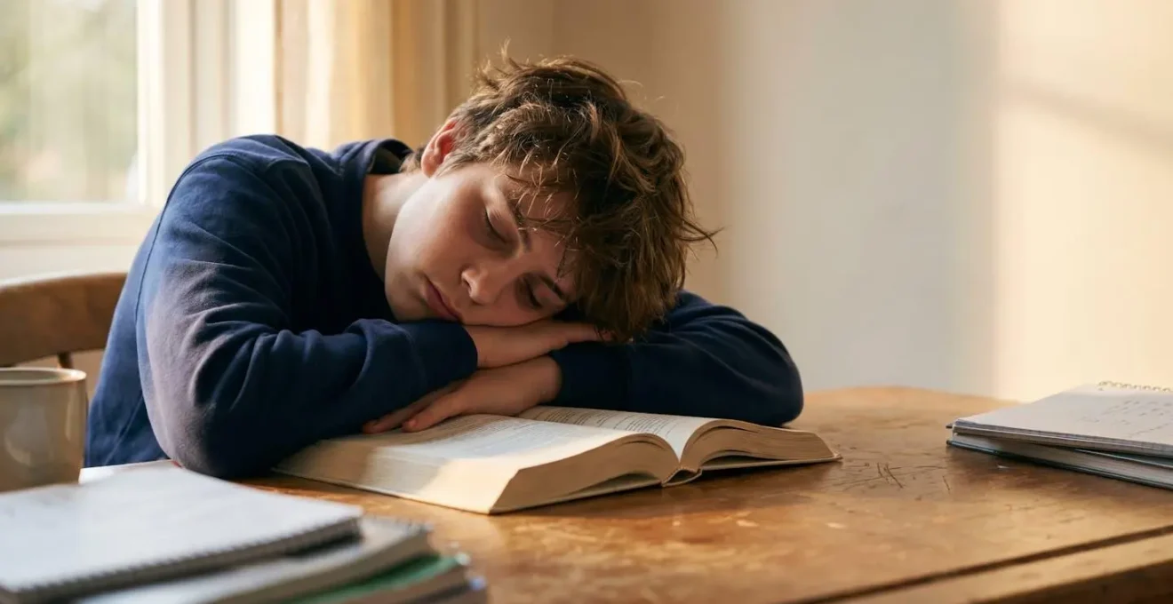 Adolescent endormi sur ses livres scolaires, illustrant l'impact du manque de sommeil sur les performances academiques