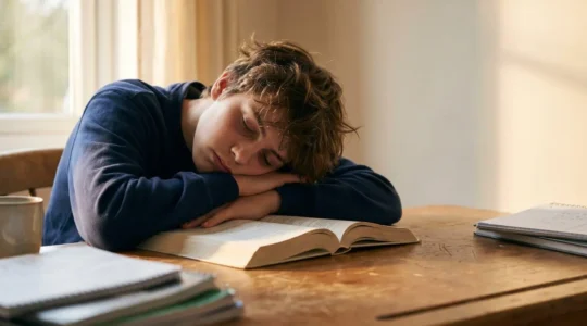 Adolescent endormi sur ses livres scolaires, illustrant l'impact du manque de sommeil sur les performances academiques