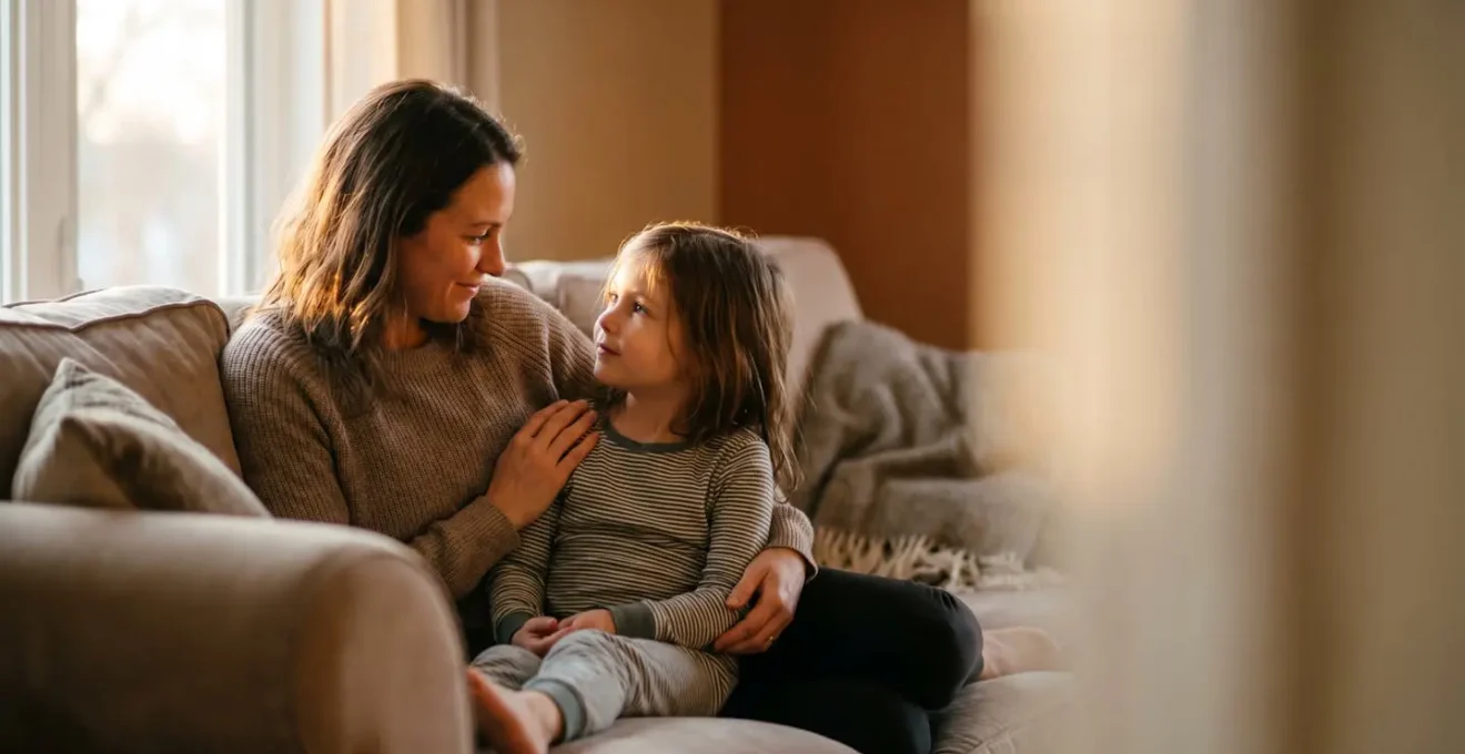 Parent et enfant dans un moment d'échange calme en fin de journée, illustrant l'équilibre entre autorité et bienveillance