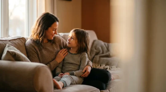 Parent et enfant dans un moment d'échange calme en fin de journée, illustrant l'équilibre entre autorité et bienveillance