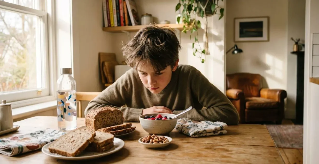 Adolescent concentré sur ses études entouré d'aliments sains pour le petit-déjeuner et l'hydratation