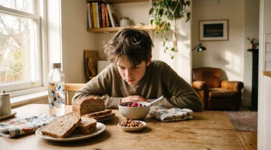 Adolescent concentré sur ses études entouré d'aliments sains pour le petit-déjeuner et l'hydratation