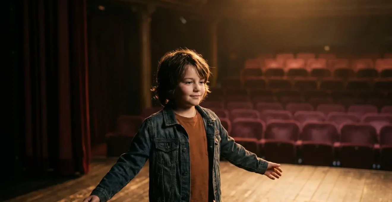 Un enfant sur une scène de théâtre illuminée, exprimant sa confiance et son épanouissement