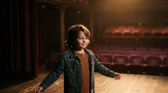 Un enfant sur une scène de théâtre illuminée, exprimant sa confiance et son épanouissement