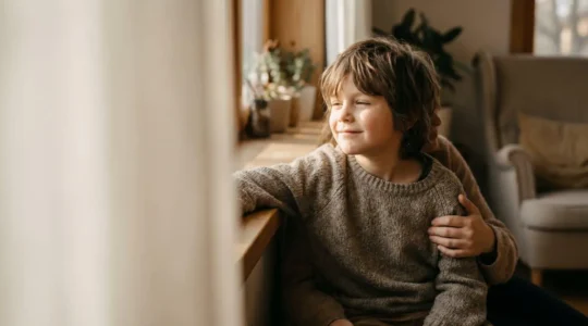 Enfant en âge primaire dans un moment de connexion émotionnelle apaisée illustrant la sécurité affective