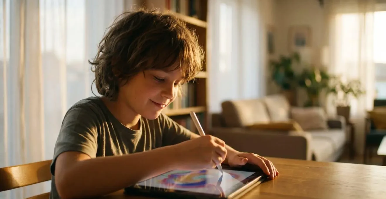 Enfant concentré utilisant une tablette pour créer du contenu numérique de manière productive