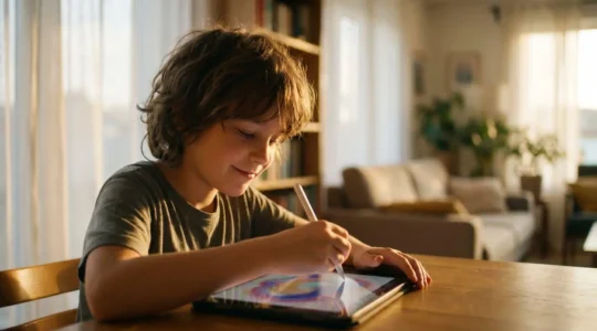Enfant concentré utilisant une tablette pour créer du contenu numérique de manière productive