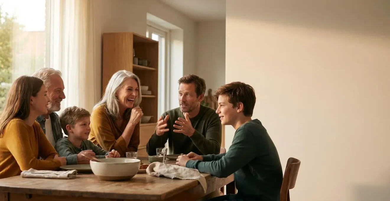Une famille réunie autour d'une table de dîner dans une conversation engagée, lumière chaleureuse du soir