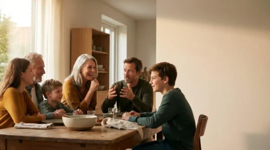 Une famille réunie autour d'une table de dîner dans une conversation engagée, lumière chaleureuse du soir