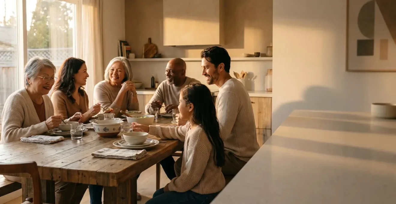 Scène de repas familial chaleureux avec parents et enfants autour de la table dans une ambiance détendue