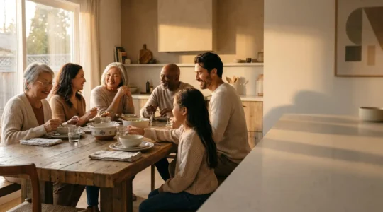 Scène de repas familial chaleureux avec parents et enfants autour de la table dans une ambiance détendue