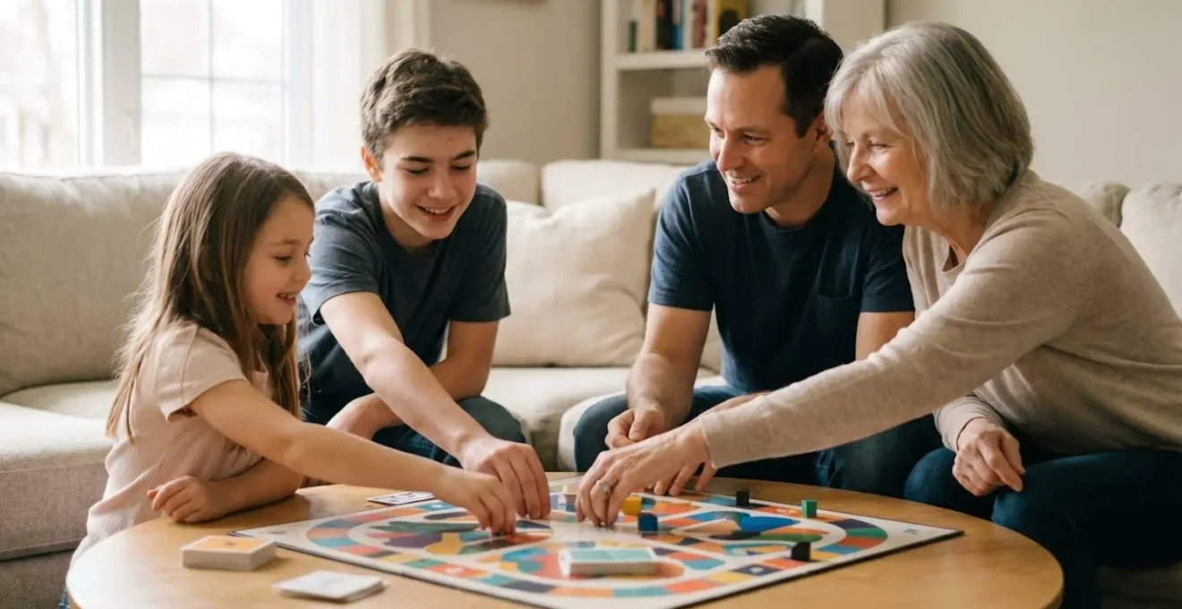 Famille intergenerationnelle jouant ensemble a un jeu de societe dans une atmosphere conviviale et concentree