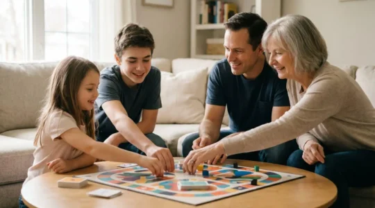 Famille intergenerationnelle jouant ensemble a un jeu de societe dans une atmosphere conviviale et concentree
