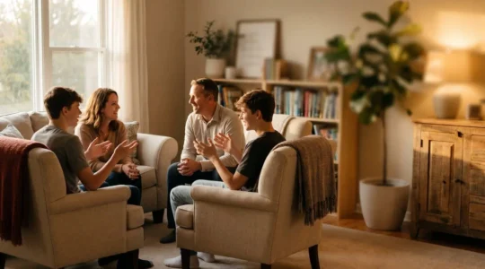 Famille rassemblée dans un salon chaleureux, échangeant autour d'une table, sans aucun appareil électronique visible