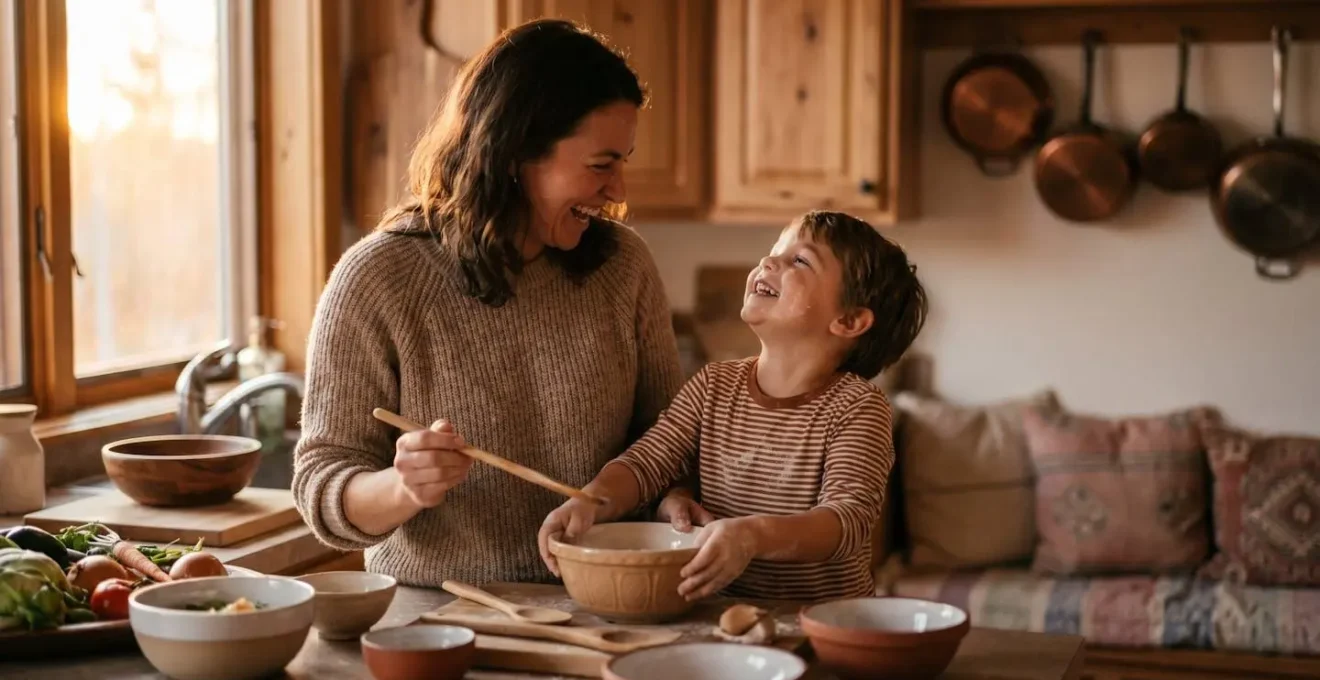 Famille réunie dans une cuisine chaleureuse en soirée, partageant un moment de complicité autour d'une activité commune