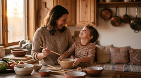 Famille réunie dans une cuisine chaleureuse en soirée, partageant un moment de complicité autour d'une activité commune