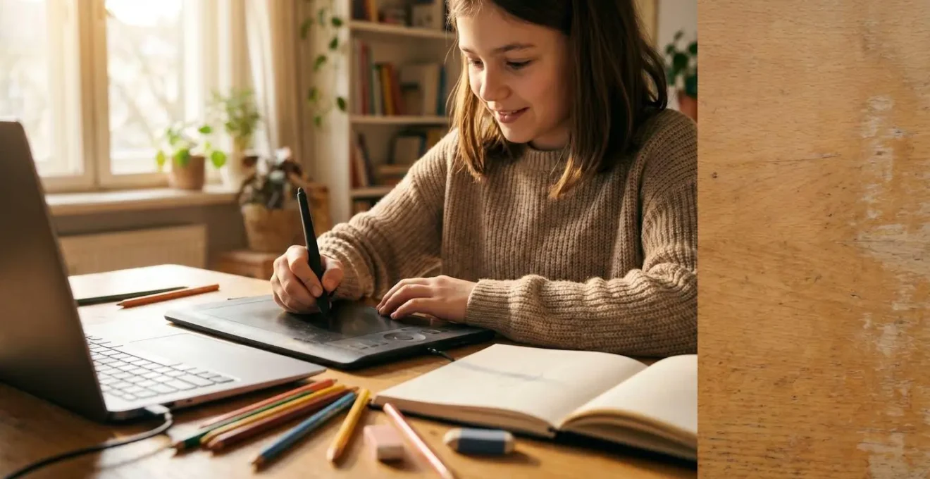 Jeune adolescent concentré utilisant une tablette graphique pour créer une illustration numérique, environnement créatif chaleureux