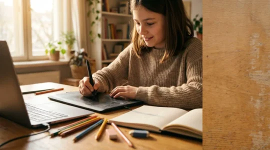 Jeune adolescent concentré utilisant une tablette graphique pour créer une illustration numérique, environnement créatif chaleureux