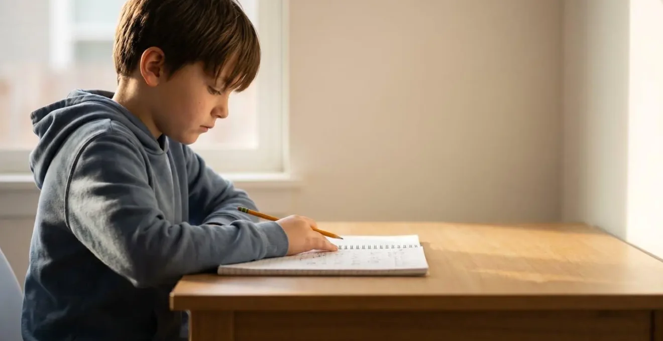 Un enfant travaillant seul à son bureau dans un environnement calme et lumineux, symbolisant l'autonomie dans les devoirs