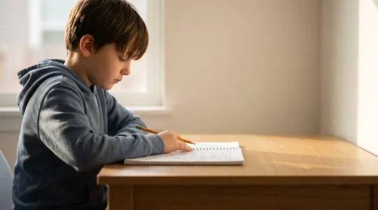 Un enfant travaillant seul à son bureau dans un environnement calme et lumineux, symbolisant l'autonomie dans les devoirs