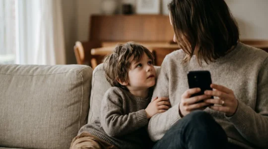 Parent et enfant ensemble mais séparés par l'usage du smartphone, symbolisant la distraction parentale numérique